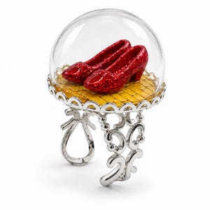 The Wonderful Wizard of Oz Silver Ring - Ruby Red Slippers Yellow Brick Road Glass Dome Jewelry - Adjustable Band