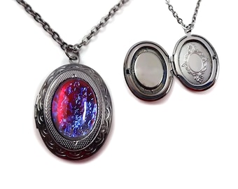 Czech Glass Dragon’s Breath Mexican Fire Opal Locket Necklace – Victorian Pendant in Gunmetal, Silver, or Copper - Gothic, Renaissance Gift