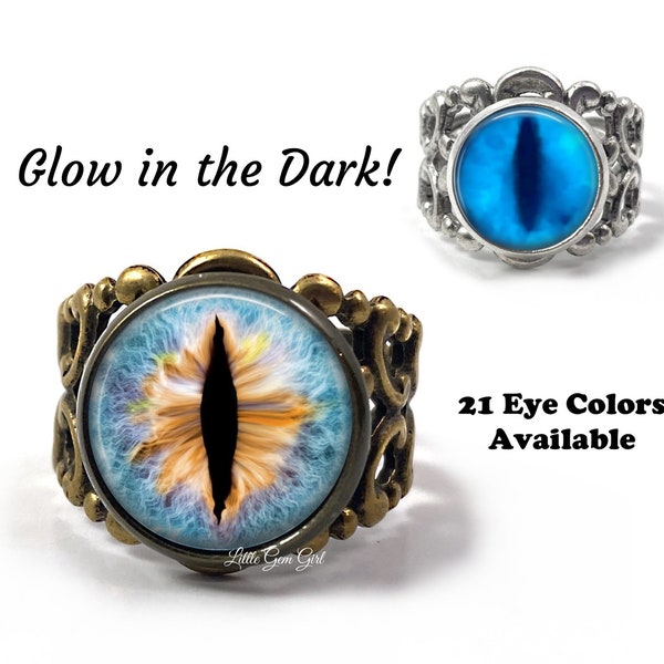 Glow in the Dark Eyeball Ring - 21 Colors Available - Evil Eye Jewelry - Glowing Glass Eye Ring - Gothic Vintage Filigree Adjustable Ring