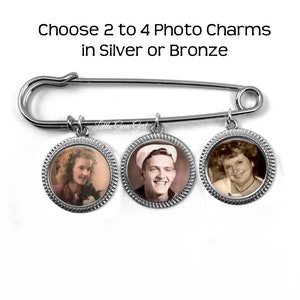 Custom Photo Wedding Lapel Pin with 2, 3 or 4 Picture Charms - Decorative Picture Boutonniere - Personalized Bridal Bouquet Charm
