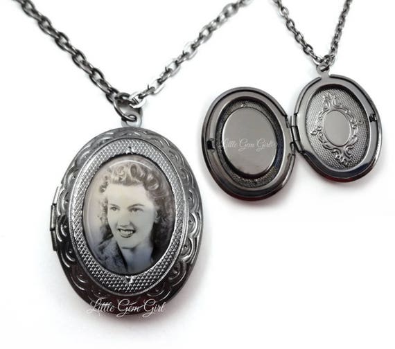 Gunmetal Black Victorian Gothic Custom Photo Locket Necklace - Personalized Wedding Bouquet Picture Charm - Small Oval Photo Locket