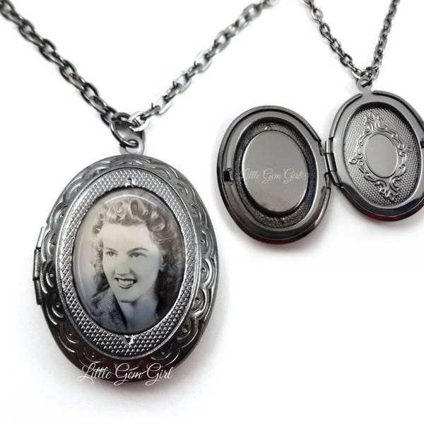 Gunmetal Black Victorian Gothic Custom Photo Locket Necklace - Personalized Wedding Bouquet Picture Charm - Small Oval Photo Locket