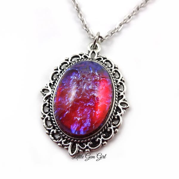 Czech Glass Mexican Opal Dragons Breath Necklace - Red Blue Fire Opal Necklace Pendant - Color Changing Charm - Dragon Fire Amulet