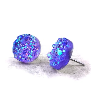 Lavender Druzy Stud Earrings - 8mm 10mm or 12mm Purple Crystal Faux Druzy Post Earrings - Purple Glitter Titanium or Stainless Studs