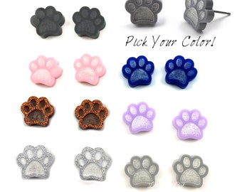 Paw Print Earrings 7 Colors with Titanium or Stainless Steel Posts - Pawprint Stud Earrings Black, Pink, White, Brown, Grey, Blue, Lavender