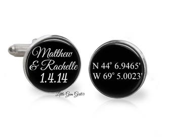 Custom Name and Wedding Date Cuff Links - Latitude Longitude Cufflinks - Coordinates Personalized Gift for Groom - Stainless and Sterling