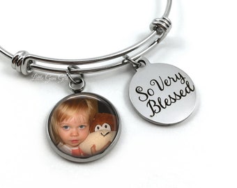 Custom Photo Jewelry - So very Blessed Personalized Mother Daughter Stainless Steel Silver Charm Bangle Bracelet - Mothers Day Gift