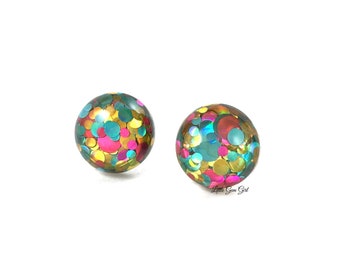 12mm  Hot Pink, Aqua Blue, Yellow Gold Confetti Stud Earrings in Stainless Steel or Titanium Posts for Sensitive Ears