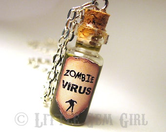 Zombie Virus Bottle Necklace Living Undead Jewelry - Dead Walking Glass Bottle Cork Necklace - Potion Vial Charm - Green Black Shimmer