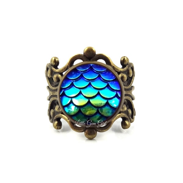 Dragon Scale Ring - Mermaid Scale Ring - Silver or Bronze Band & 17 Scale Colors - Fairy Tale Fantasy Jewelry for Men Women