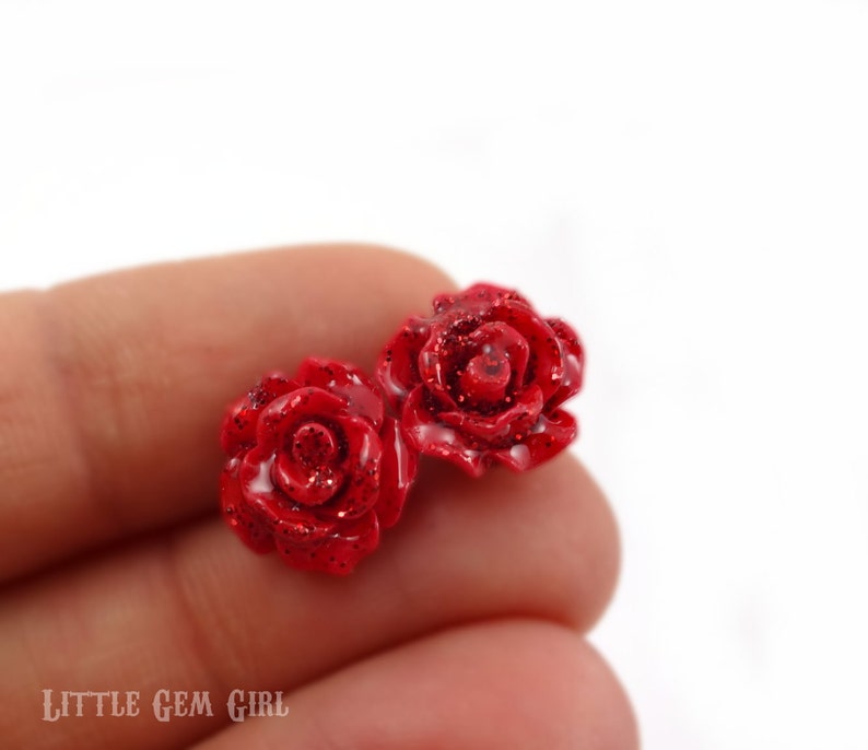 Beauty and the Beast Earrings Enchanted Red Rose Studs Titanium or Stainless Steel Studs Sensitive Ears Belle Tiny Rose Earrings image 4