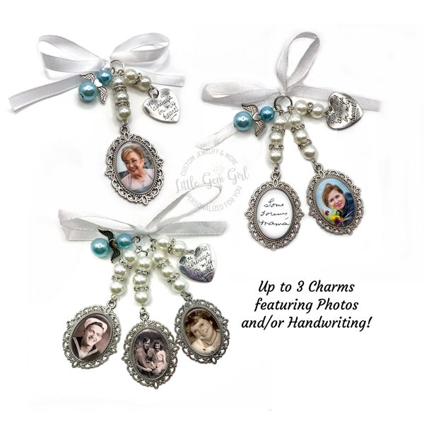 Bridal Bouquet Charm 1 to 3 Picture and Handwriting Charms - Personalized Memorial Always in Heart Wedding Gift For Bride - Something Blue