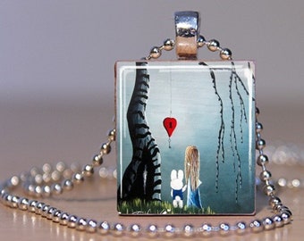 Alice Adventures in Wonderland Scrabble Necklace Charm - Alice and the Enchanted Key White Rabbit Pendant Charm Wonderland Fairy Tale Art