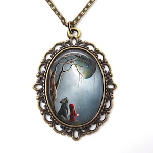 Little Red Riding Hood and Big Bad Wolf Necklace - Victorian Fairy Tale Full Moon Werewolf Pendant Necklace
