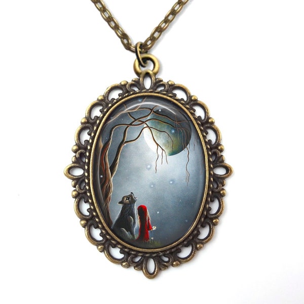 Collier petit chaperon rouge et grand méchant loup - collier pendentif loup-garou pleine lune de conte de fées victorien