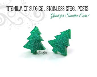 Christmas Tree Earrings with Titanium or Stainless Steel Post - Tiny Green Tree Stud Earrings - Glitter Tree Earrings - Sparkly Tree Studs