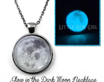 Glow in the Dark Full Moon Necklace - Glowing Moon Key Chain Charm - 5 Metal Finishes - Glowing Moon Jewelry