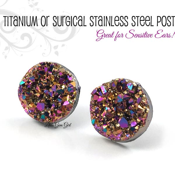 Magenta Rose Gold Aqua Rainbow Resin Stud Earrings - 3 Sizes Available, Stainless Steel or Titanium Posts for Sensitive Ears, Hypoallergenic