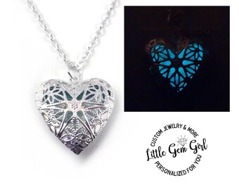 Glowing Heart Cage Locket with Aqua Sparkle - Victorian Filigree Glow in the Dark Iridescent Opal Silver Necklace, Valentine's Day Jewelry