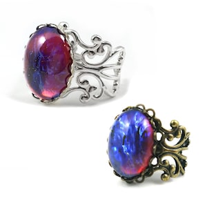 Red Blue Czech Glass Mexican Opal Dragons Breath Ring - Silver or Antique Bronze Filigree Adjustable Band Victorian Vintage Style Opal
