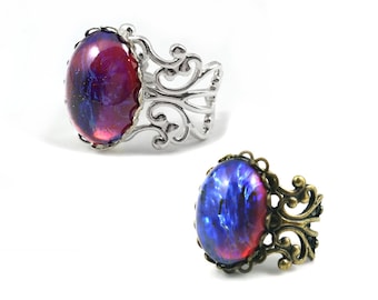 Red Blue Czech Glass Mexican Opal Dragons Breath Ring - Silver or Antique Bronze Filigree Adjustable Band Victorian Vintage Style Opal
