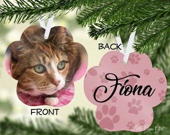 Double Sided Custom Photo Pet Christmas Ornament - Personalized Dog or Cat Paw Print Ornament with Custom Text - New Pet Gift