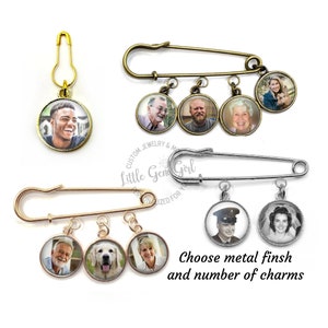 Custom Photo Boutonniere Lapel Pin with 1 to 4 Charms and 4 Metal Finishes - Personalized Memorial In Memory Groom Gift from Bride