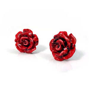 Beauty and the Beast Earrings - Enchanted Red Rose Studs - Titanium or Stainless Steel Studs Sensitive Ears - Belle Tiny Rose Earrings