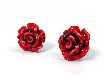 Beauty and the Beast Earrings - Enchanted Red Rose Studs - Titanium or Stainless Steel Studs Sensitive Ears - Belle Tiny Rose Earrings