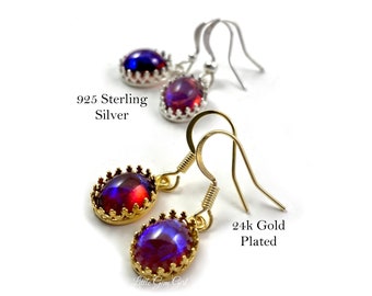 Czech Glass Mexican Opal Dragons Breath Earrings - Choose 925 Sterling Silver or 14k Gold Finish - Red Blue Fire Opal Dangle Earrings