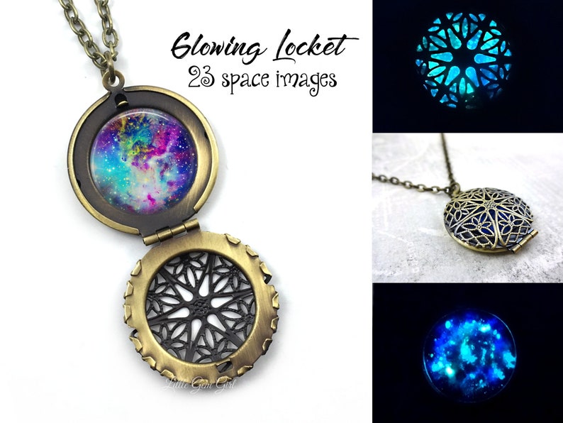 Glow in the Dark Galaxy Necklace - 23 Images Glowing Space Locket Silver, Rose Gold, Gold, Gunmetal - Nebula Stars Solar System Glow Jewelry 