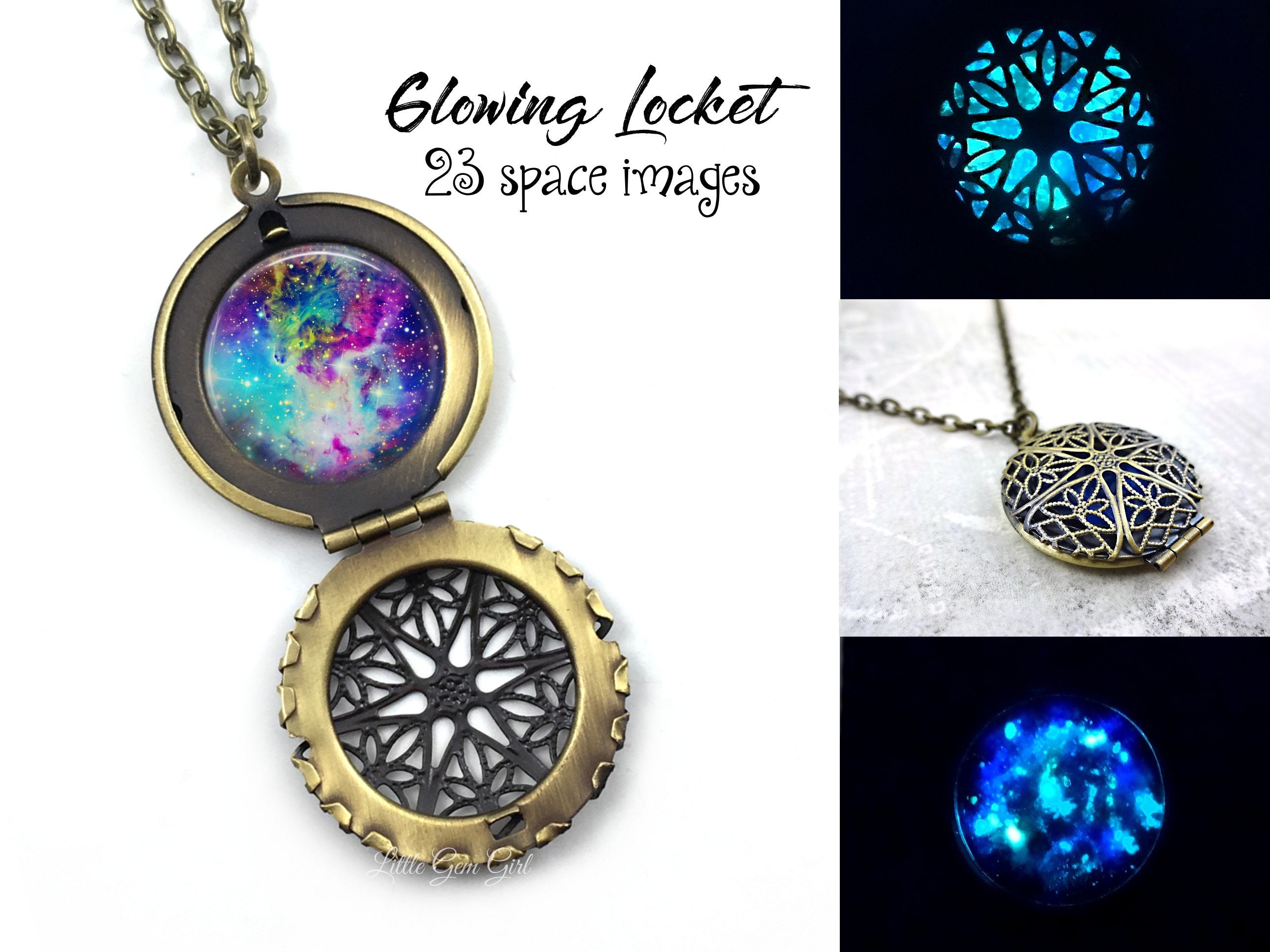 Glow in the Dark Galaxy Necklace 23 Images Glowing Space Locket Silver,  Rose Gold, Gold, Gunmetal Nebula Stars Solar System Glow Jewelry -   Norway