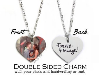 Custom Photo Heart Necklace with your actual Handwriting or Signature - Valentine's Day Gift for Girlfriend or Boyfriend - Double Sided