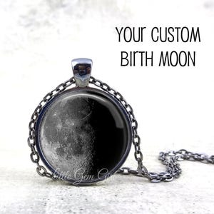 Custom Birth Moon Phase Necklace - Personalized Full Moon Pendant or Key Chain Charm -  Birthday Moon Jewelry 4 Finishes, 2 Sizes