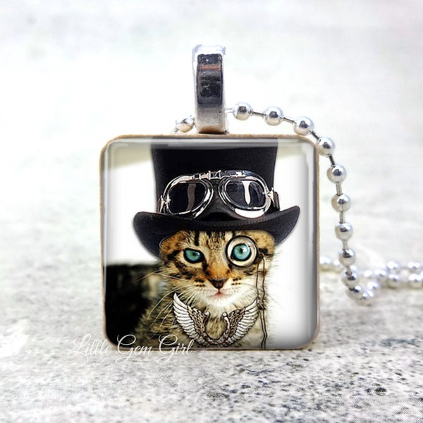 Steampunk Kitten Necklace Charm - 1 inch Wood Tile Pendant - Cat in Hat British Victorian Cat Lover Jewelry