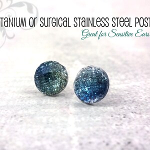 8mm or 12mm Green Black Yellow Ombre Glitter Studs - Green Glitter Earrings in Titanium or Stainless - Small Green Crystal Studs