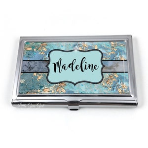 Porte-cartes de visite personnalisé - Porte-cartes en acier inoxydable - Porte-cartes de visite personnalisé avec nom écume de mer Aqua Gold Marble Design