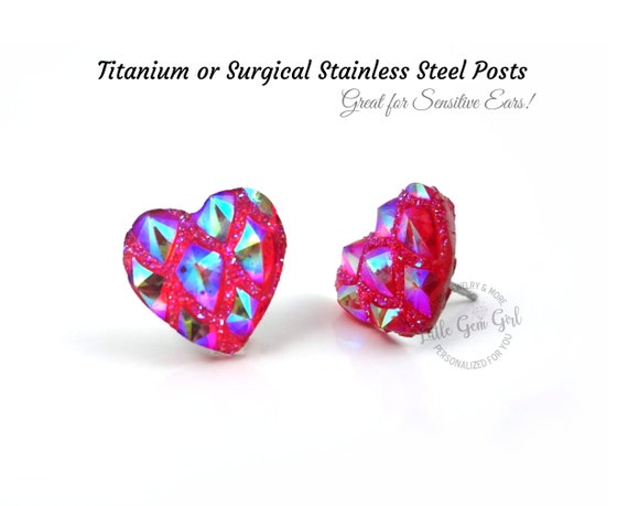 14mm Hot Pink Heart Stud Earrings with Titanium or Stainless Steel Posts - Valentine Heart Earrings - Dragon Dragonscale Jewelry