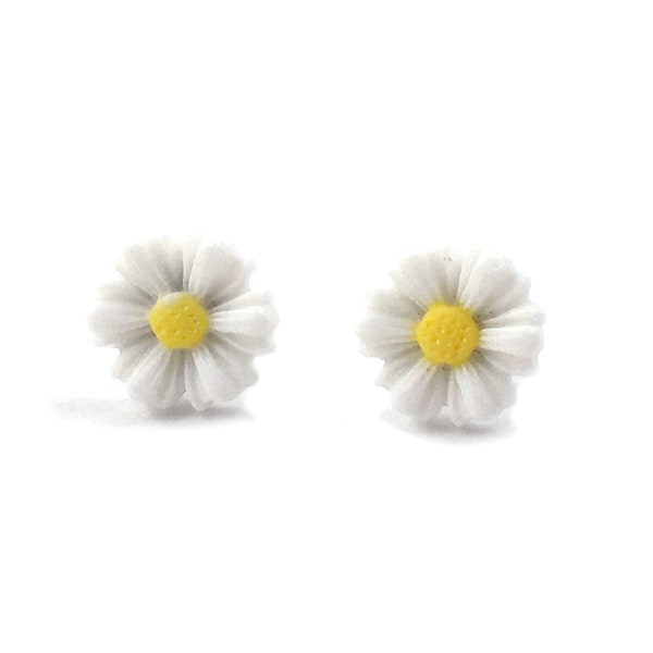 9mm White and Yellow Daisy Stud Earrings Titanium or Stainless Steel Studs for Sensitive Ears - Tiny Flower Earrings