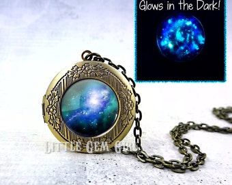 Glow in the Dark Galaxy Locket Necklace - Glowing Space Locket Astronomy Jewelry - 23 Images Available - Glowing Gem Necklace Space Necklace