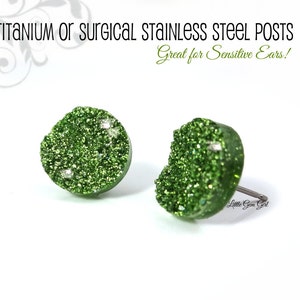Olive Green Druzy Earrings - 12mm Green Druzy Stud Earrings - Titanium or Stainless Steel Studs Sensitive Ears - Moss Green Glitter Earrings