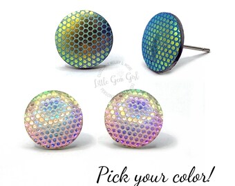 12mm Rainbow 1980's Retro Polka Dot Stud Earrings - Color Shifting AB Effect - Titanium or Stainless Steel Posts, Hypoallergenic Nickel Free