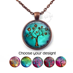 Whimsical Tree of Life Art Necklace Pendant - Silver, Copper, Bronze or Gunmetal Metal and Glass Charm, Rainbow and Turquoise Tree of Life