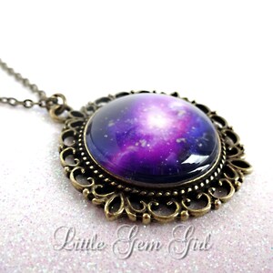 Glow in the Dark Galaxy Jewelry Glowing Purple Galaxy Necklace Outer Space Stars Pendant Vintage Style Bronze Pendant Necklace image 4