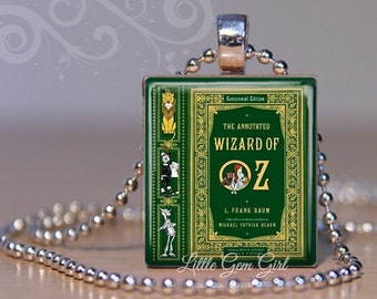 The Wonderful Wizard of Oz Vintage Book Cover Necklace Pendant - Dorothy Tin Man Lion Scarecrow Scrabble Charm