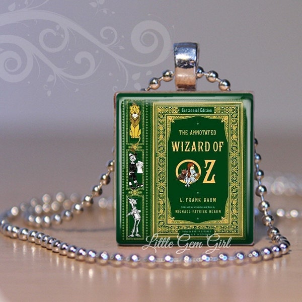 The Wonderful Wizard of Oz Vintage Book Cover Necklace Pendant - Dorothy Tin Man Lion Scarecrow Scrabble Charm