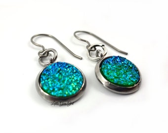 Green Blue Ombre Druzy Dangle Earrings - 10mm Green Druzy Earrings w/ Titanium Earwires & Stainless Bezels - Faux Druzy Dangle Earrings