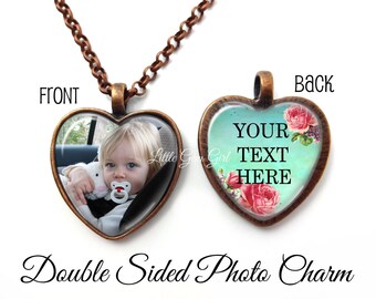 Double Sided Custom Photo Heart Necklace - 2 Two Picture Photo Heart Charm - Custom Photo Jewelry - Your Text and Photo Reversible Necklace