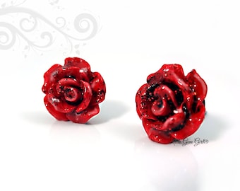 Beauty and the Beast Earrings - Enchanted Red Rose Studs - Titanium or Stainless Steel Studs Sensitive Ears - Belle Tiny Rose Earrings