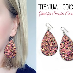 Pink Rainbow Leather Teardrop Earrings Titanium Hooks Sensitive Ears - Pink Glitter Teardrop Earrings Hypoallergenic Trendy Drop Earrings
